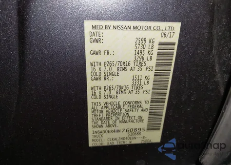 2017 Nissan Frontier Sv из США, поврежденный, VIN 1N6AD0ER4HN760895